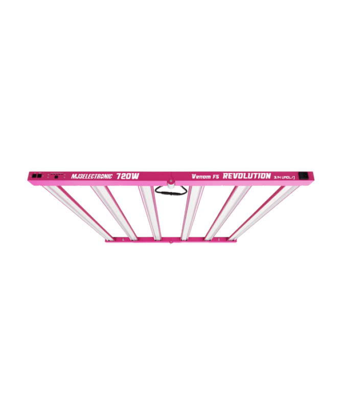 Luminaria LED MJ3 VENOM F5 720W de 6 barras encendida para cultivo interior