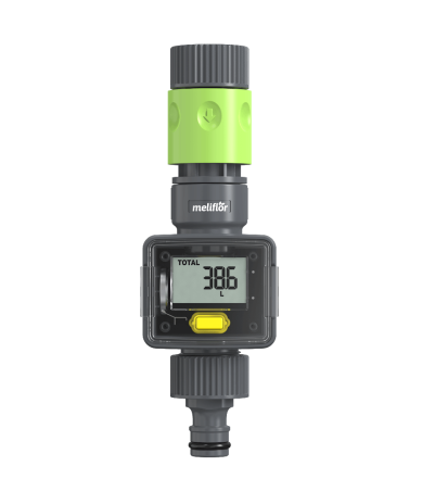 Aqualímetro Meliflor para control de riego: mide flujo, consumo total y promedio de agua en cultivos y macetas