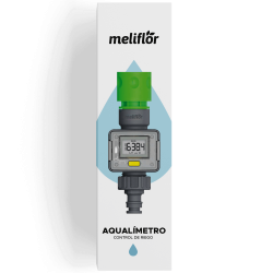 Caja Aqualímetro Meliflor para control de riego: mide flujo, consumo total y promedio de agua en cultivos y macetas